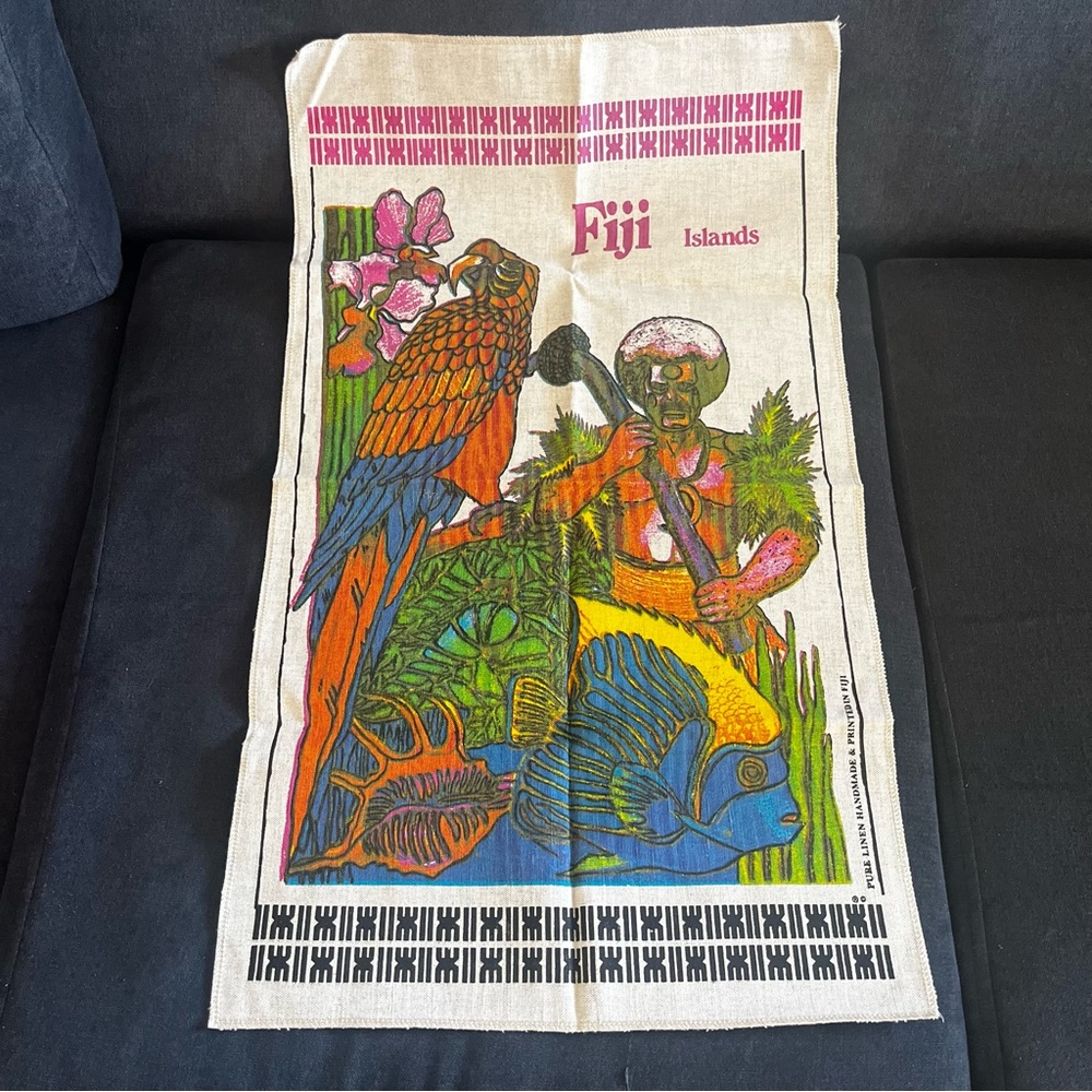 Vintage Tea Towel Fiji Islands Pure Linen Tiki Tropical Bird Flower Handmade